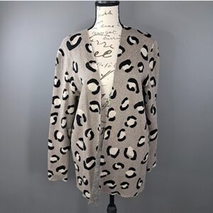 Loft Open Cardigan Sweater Tan Cheetah Print 100% Cotton Women's Size Large